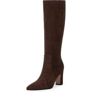 Women Chocolate Chunky Heel Pointed Toe Side Zipper Fall Dressy Comfortable Boot